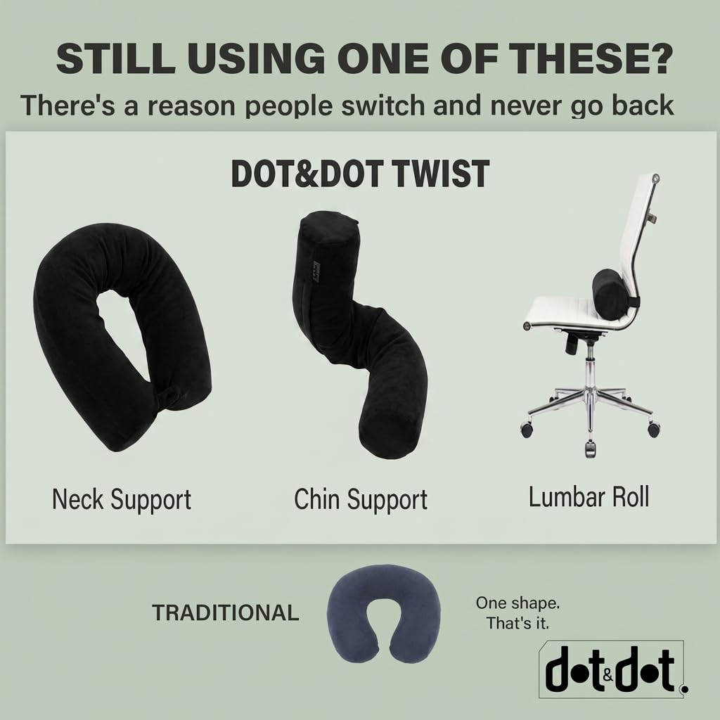 Dot&Dot Twist Poduszka podróżna z pianki pamięciowej do samolotów, podróżna poduszka pod szyję do spania, poduszka samolotowa do podparcia szyi, podbródka, odcinka lędźwiowego i nóg, regulowana,