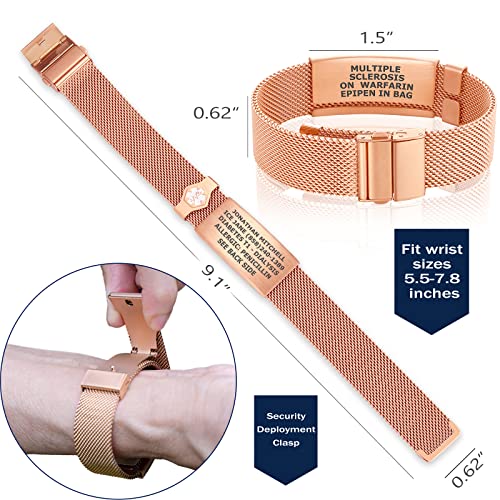 Divoti Deep Custom Engraved Medical Alert ID Bracelet – Custom Medical ID 5 Lines Front, 4 Back (24 Char Each) – Milanese Mesh Loop, Secure Clasp, PVD Rose Gold w/White Caduceus (5.5–7.8")4