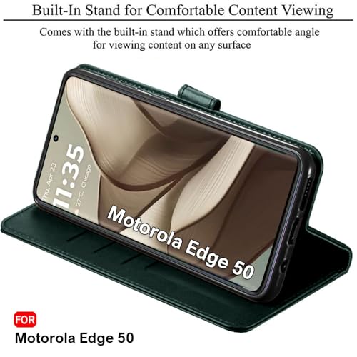 Image of TheGiftKart Flip Cover Back Case for Motorola Moto Edge 50 5G | Genuine Leather Finish | Designer Button | Inbuilt Pockets & Stand | Wallet Style Flip Case Cover for Moto Edge 50 (Faux Leather, Green)