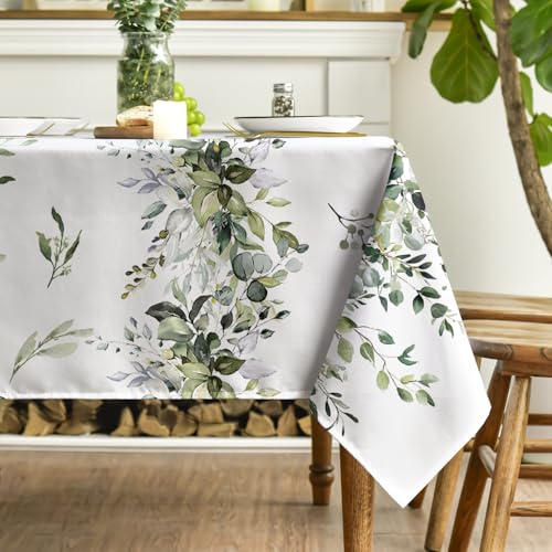 Image of Horaldaily Spring Tablecloth 60 x 120 Inch Rectangular Green Eucalyptus | Seasonal Washable Table Cover for Party Picnic Dinner Decor