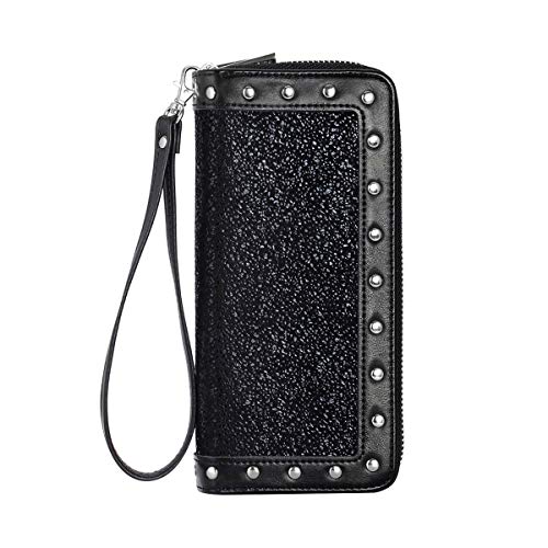 Preisvergleich Produktbild HAWEE RFID Blockierung Lange Kupplungs-Mappe für Frauen Doppel-Reißverschluss Handymappendamen Armband-Geldbeutel mit Mehreren Karten-Slots für Kreditkarten Münze Bargeld (Schwarz-A-2)