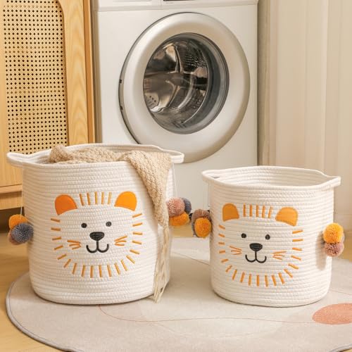 Image of Large Blanket Baskets for Living Room Decor, Toy Storage Baskets Woven Cotton Rope Animal Storage Basket for Kids, Dog Toys Organizer Clothes Hamper with Embroidery Decor for Nursery (Large, Lion)