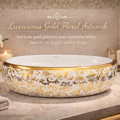 Image of Wallace Premium Countertop Wash Basin 60x40x15 cm | Oval Ceramic Table Top Sink | White Interior with Royal Gold Floral Pattern | Luxury Designer Vanity Wash Bowl