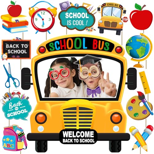 Back to School Photo Props, 17 Pcs Welcome Back to School Themed Party Decorations for Classroom, Happy First Day of School Decorations of School Bus Photo Booth Decor Supplies