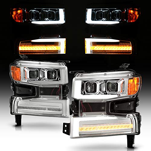 ACANII - For [Halogen Model] 2019-2021 Chevy Silverado 1500 Chrome LED Tube Sequential Signal Headlights Headlamps Pair