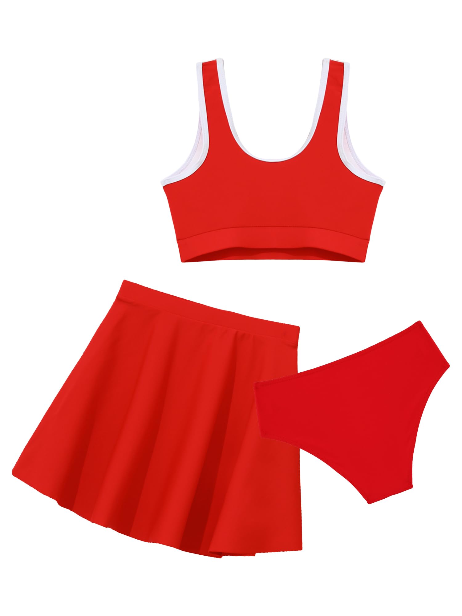 TTAO Girls Athletic Bikini Swimwear with Cover Ups Beach Skirt Sleeveless Summer Hawaiian Swimsuit Red 7-8 Years