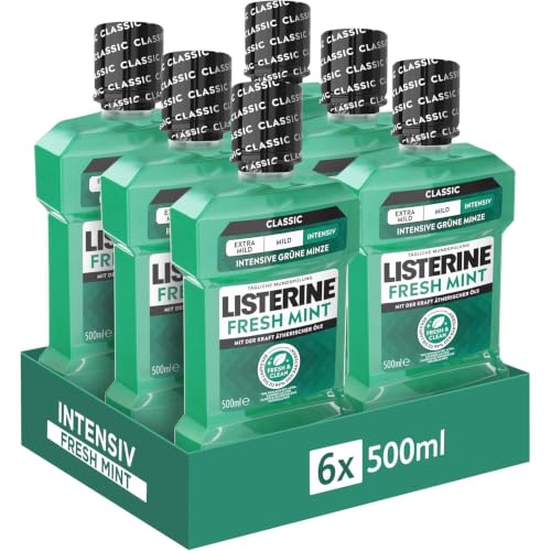 Listerine Fresh Mint (6 x 500 ml) antibakterielle Mundspülung mit ätherischen Ölen für einen frischen Atem Mundwasser für die tägliche Anwendung