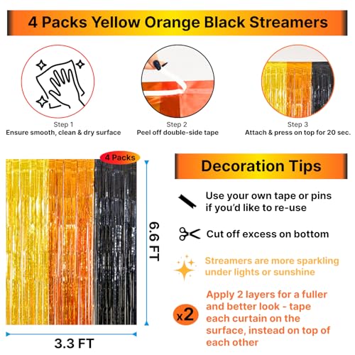 Image of 4 Pack Construction Foil Fringe Curtain-13.2x6.6ft Yellow Orange Black Tinsel Backdrop, Construction Theme Party Supplies for Car, Truck, Caution Tape, Boy Birthday Decoration, Baby Shower