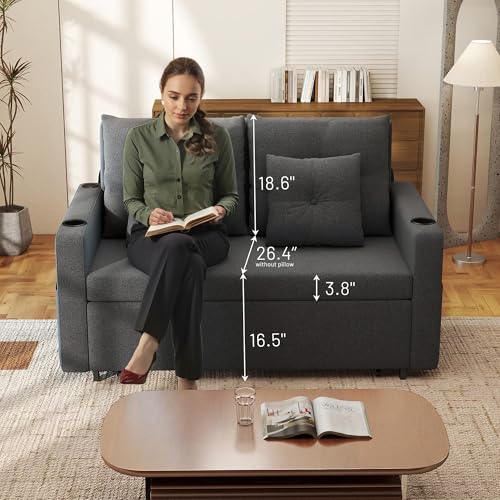 3 in 1 Sofa Bed, 56 Inch Convertible Pull Out Couch, Loveseat Sleeper Sofa with Cup Holders, USB, Sofa Couches for Living Room, Bedroom, Apartment, Dark Grey
