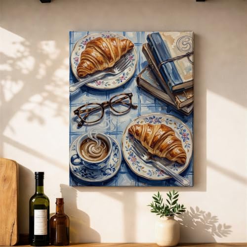 Cuadro de croissant para cocina rústica lienzo decorativo marrón cálido para desayunos en apartamento