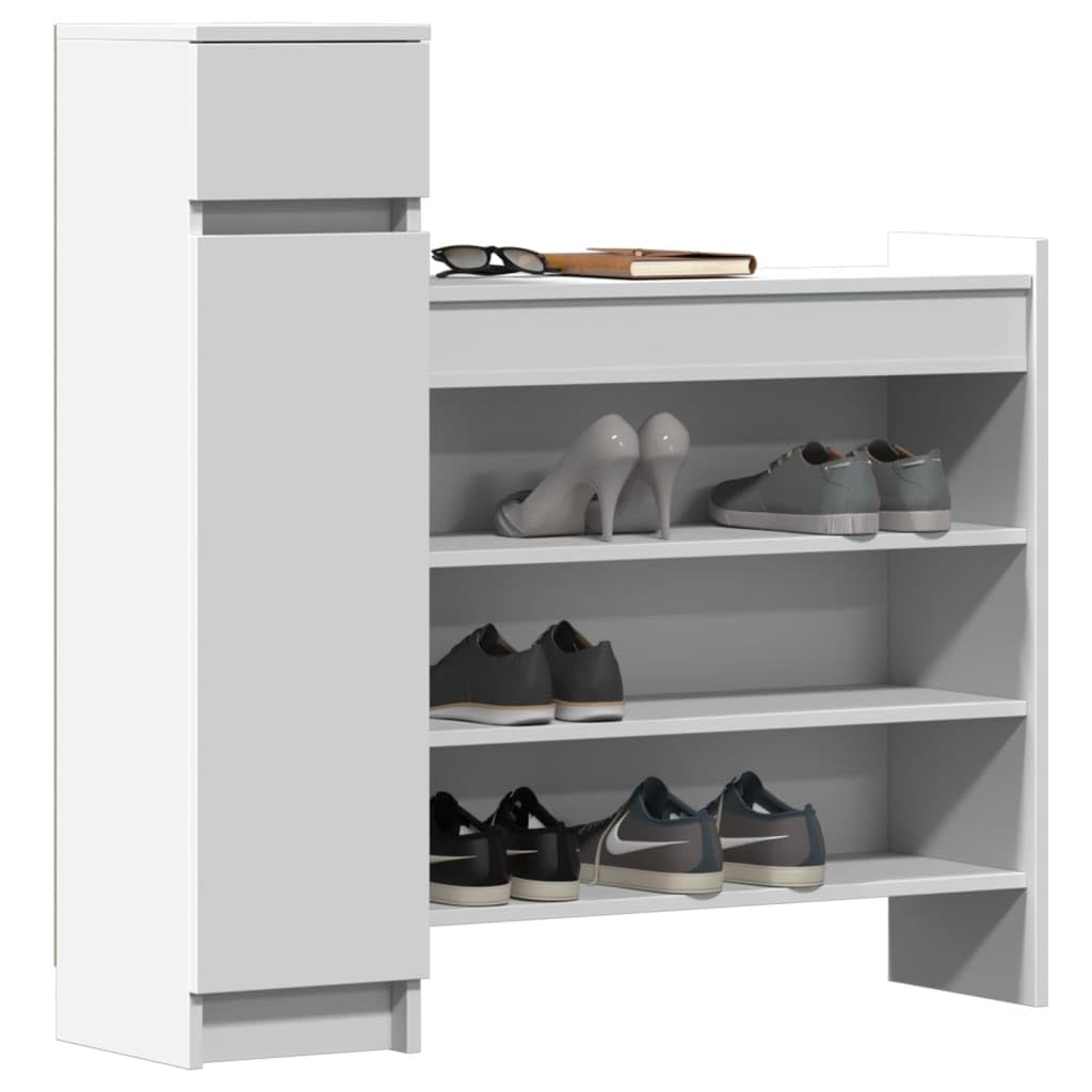 Biała szafka na buty, materiał drewnopochodny, 100,5 x 28 x 100 cm, z 1 szufladą, 2 drzwi, 4 półki, do korytarza, wejścia, sypialni, stylowa