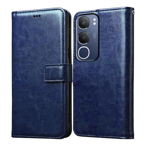 Image of Vintage Magnatic Closer Matte Leather Flip Cover for Compatible Model with Vivo V2420 / Vivo Y29 5G - Navy Blue