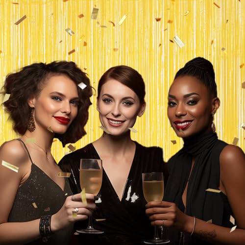 Image of DECOCKRAT 3 Pack Foil Fringe Backdrop - Pastel Yellow Shiny Tinsel Curtains for Party Decoration /Photo Booth Props - 3.3x8.2 FT Metallic Foil Backdrop for Birthday, Wedding, Graduation, Christmas.