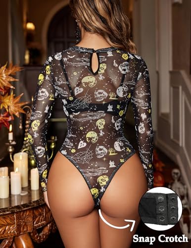 Image of Avidlove Womens Mesh Long Sleeve Bodysuit Round Neck Sheer Leotards Geo Print Bodysuit Top with Snap Crotch