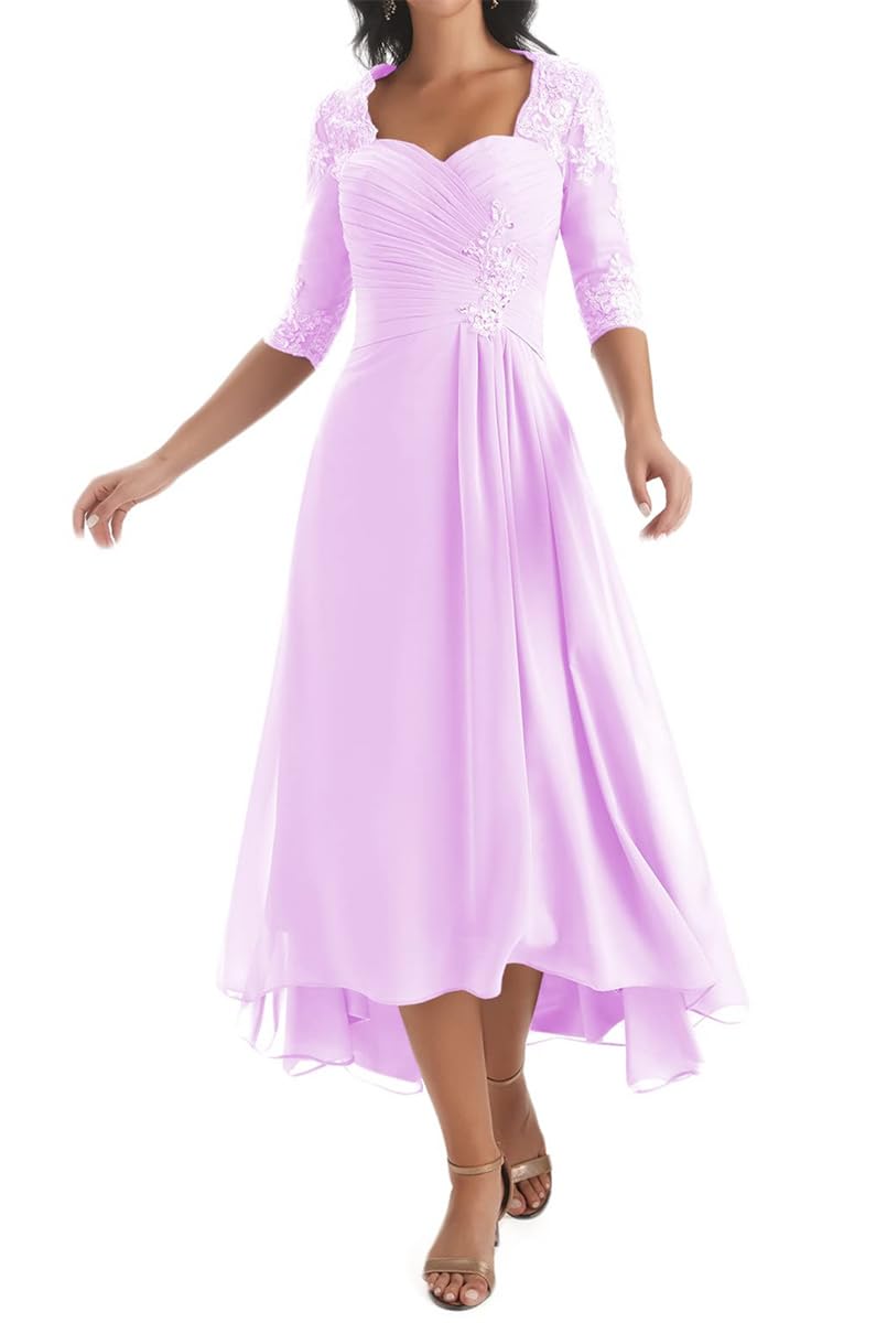 Hppee Women's Lilac High Low Mother Of The Bride Dresses For With Sleeves A Line Chiffon Lace Applique Formal Mother Of Groom Dress Uk14