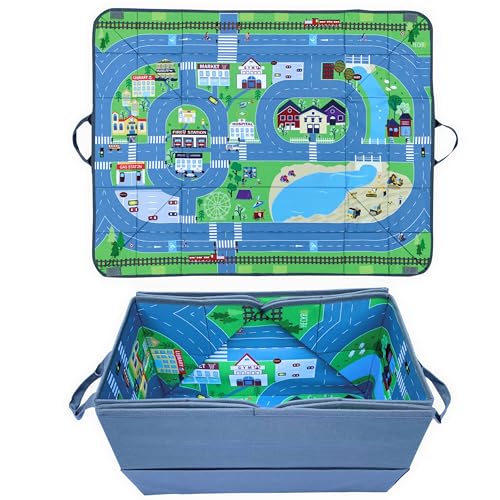 HECKBO Organisateur de voiture et tapis de jeu 4 en 1 - Boîte de rangement de jouets pour enfants - Tapis de jeu pliable avec motif de rue - Fixation sûre...