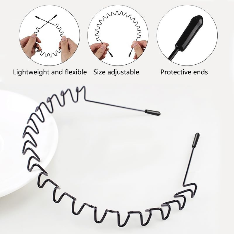 Black Metal Wavy Headband for Men & Women, Non-Slip Elastic Sports Hair Hoop, Unisex Spring Design Hairband for Gym, Outdoor, Everyday Styling