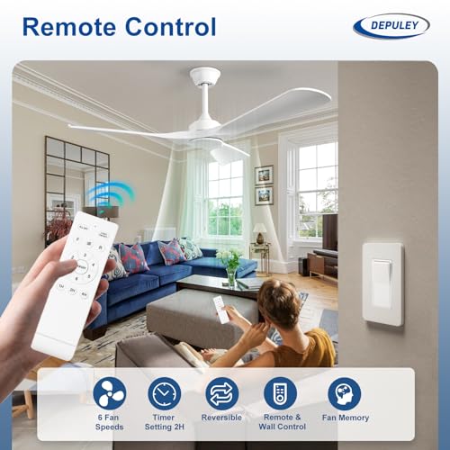 Image of Depuley Ceiling Fan Without Light: 52 Inch 3 Blade Outdoor Fans for Patios - White Ceiling Fan No Light Indoor Remote Control Ultra Quiet DC Motor Reversible 6 Speed Timer