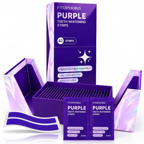 Fitophoria Purple Teeth Whitening Strips - 42 Count - Peroxide Free Color Correcting Whitening Strips - At Home Smile Care Kit