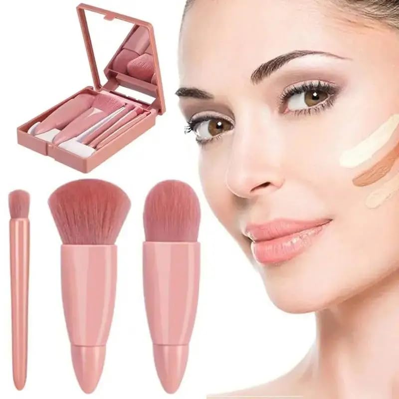 5Pcs Travel Size Makeup Brush Set with Mirror, Mini Portable Cosmetic Brush Kit for Foundation, Powder, Eyeshadow - Complete Function, Ideal for On-The-Go Makeup
