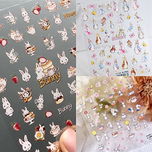 Dedyel New Cute Bunny Nail Art Sticker Decals 5D Embossed Fairy Tale Bunny Strawberry Bunny Nail Art Stickers Kawaii Cartoon Bunny Self-Adhesive Nail Art Sticker Decals For Nail Art Diy Decoration For Women Men Kids Manicure Decoration(3 Sheets) #TOP6