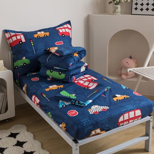 Image of Caressma Twin Size 5 Pieces Comforter Set Bed-in-a-Bag,Soft Fabric Print Cars,Buses & Traffic Lights.Includes Comforter, Fitted Sheet, Flat Sheet, Pillow Case & Pillow Shame for Kids