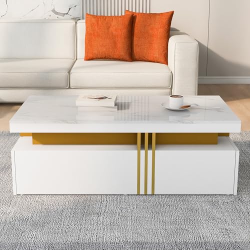 BTM Table Basse Imitation Marble, Tiroirs en Bois, Rectangulaire Moderne Table Basse Salon, 100 x50x40cm, Brillant Blanc