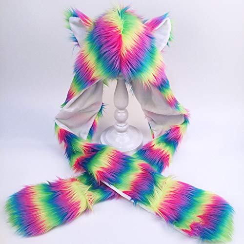 Dsgzkk Hat,3 in 1 Women Girl Hooded Scarf with Pockets Hat Long Scarf Gloves Cute Rainbow Ears Thicken Plush Warm Shawl Wrap