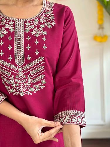 Image of Shiv Textiles Women's Chanderi Silk Embroidered Kurta Pant Dupatta Set(JDA-SACHI-WINE-2XL)
