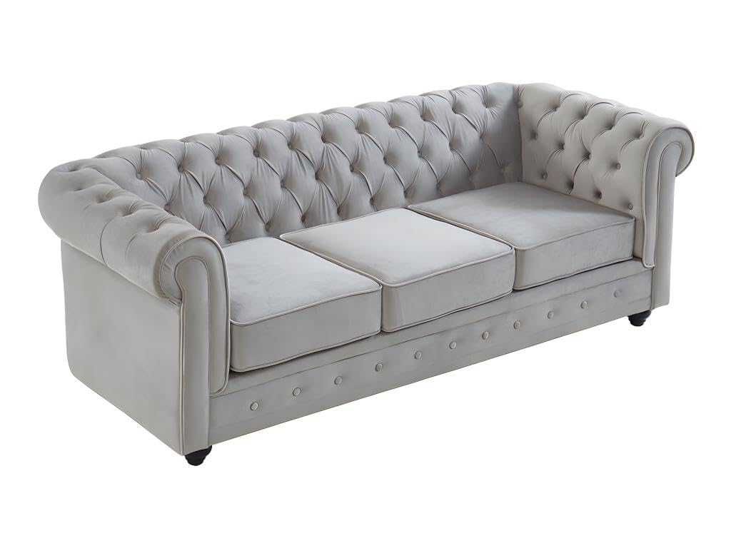 Vente-unique - Canapé 3 Places et 2 fauteuils Chesterfield - Velours Gris Clair