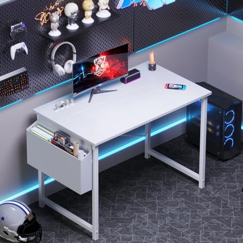 Image of OLIXIS Small Computer Desk, 40 Inch Gaming Desks for Home Office | Writing Study Craft Work Table, Computer Workstation for Bedroom Small Spaces with Storage Bag, All White