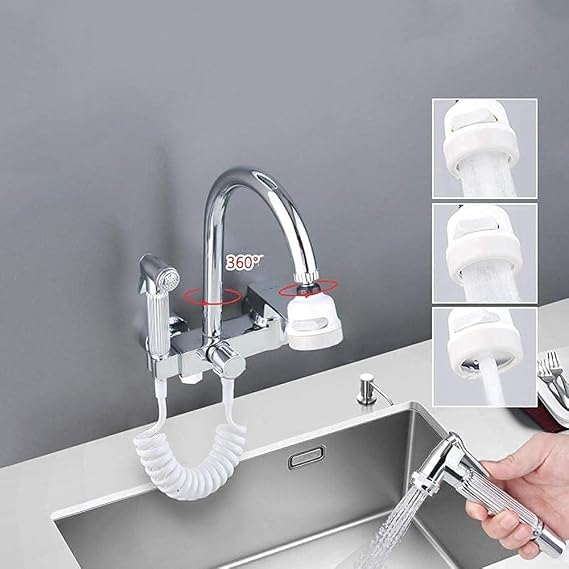 Kitchen Tap Wall Mounted Taps Mixer 360°Rotation with Spray Gun Sink Faucet Bathroom for Kitchen-Chrome-B(OneSize)