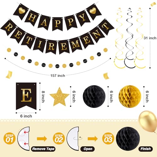 Image of Epakh 24 Pcs Retirement Party Decorations Black Gold Happy Retirement Banner Glitter Stars Hanging Swirl Streamers Honeycomb Balls Circle Dots Garland for Farewell Going Away Job Change Party