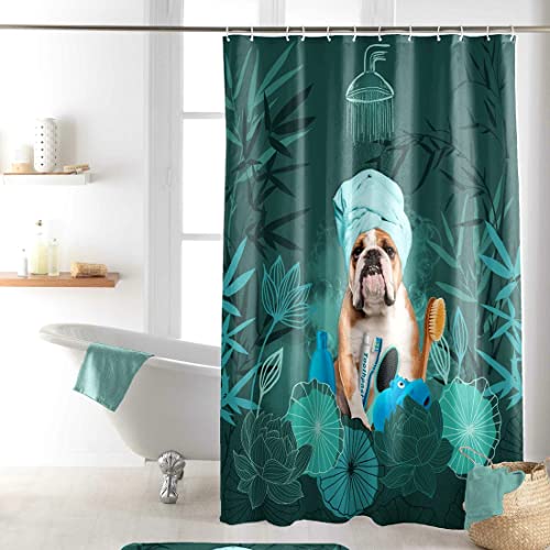 Sanixa U1801327 Rideau de douche textile 200 x 180 cm Motif chien vert imperméable lavable Rideau de bain Rideau de bain de qualité supérieure avec anneaux en métal