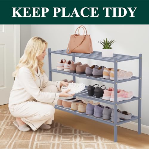 Image of Smiry Bamboo Shoe Rack, 5 Horizontal Slats, 4 Tier - 33.9 inch Wide, Grey