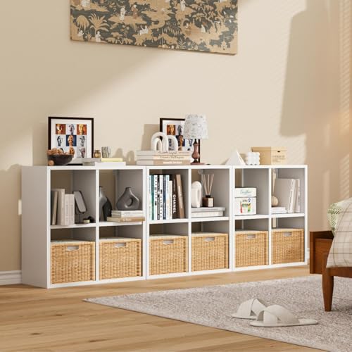 Image of VASAAOSD 4 Cube Storage Organizer - Metal Bookshelf, White Cube Shelf, Deep Cube Shelving with Corner Protector, Stackable Design Bookcase for Living Room, Bedroom, Office, Entryway