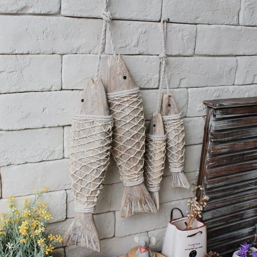 4 Pack Antique Hand Carved Wood Fish Sculpture Decor Ornament With Fishing Net, Beach Theme Wall Art Hanging Wooden Nautical Fish Decorations For Home, Lake House, Bathroom Bedroom Decorated Set Of 4 #TOP1