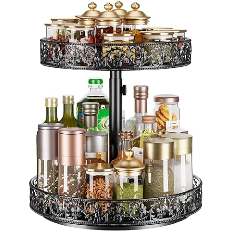 Two Tier Lazy Susan Organizer Turntable Height Adjustable, 2 Tier Lazy Susan 12 Inch Metal Easy Assembly, Lazy Susan Spice Rack Organizer Rotating for Cabinet Dining Table Top Kitchen Countertop Black Cover