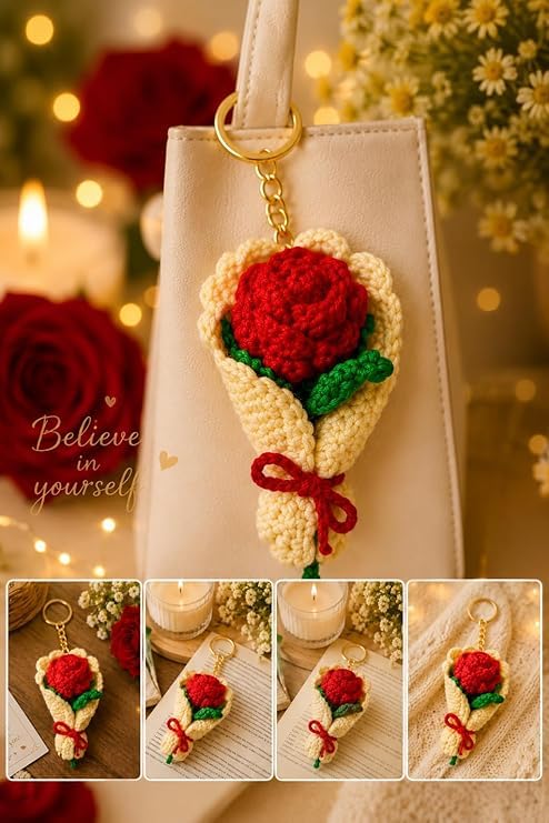 Image of Handmade Crochet Keychain Combo for Girls Women Cute Aesthetic Sunflower Strawberry Watermelon Daisy Knitted Keychain Bag Charm Purse Charm Car Key Ring Backpack Accessories Gift