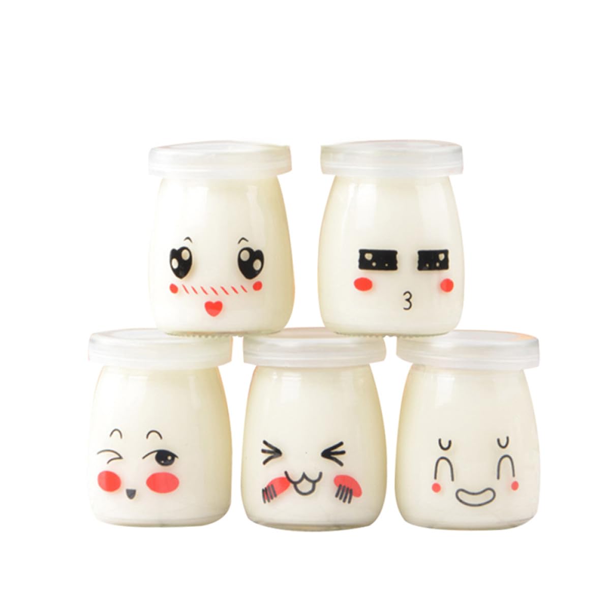 BESTYASH 10pcs Pots à Yaourt en Verre 100ml Motifs Visage Cartoon Adorables, Faciles à Nettoyer pour Yaourt, Pudding et Conservation Alimentaire Style Aléatoire