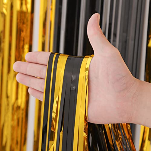 Image of Voircoloria 2 Pack Black and Gold Tinsel Foil Fringe Curtains, Black and Gold Party Decorations, Metallic Tinsel Party Streamers Backdrop for 2025 New Years Graduation Prom Party Decorations