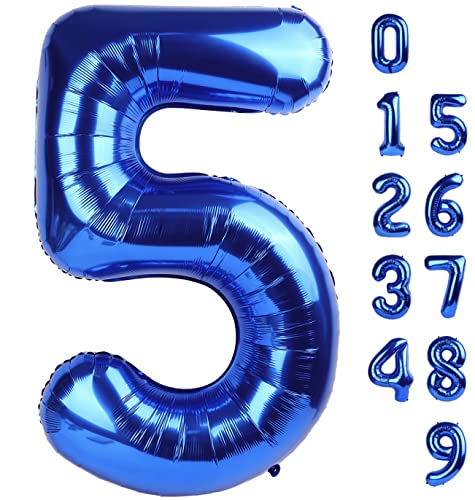 5 Balloon Numbers 40 Inch Blue Birthday Decorations for 5th Boys Girls, Self Inflating Big Navy Number Balloons for 15 25 35 50 Women Men Graduation Party Decor Supplies