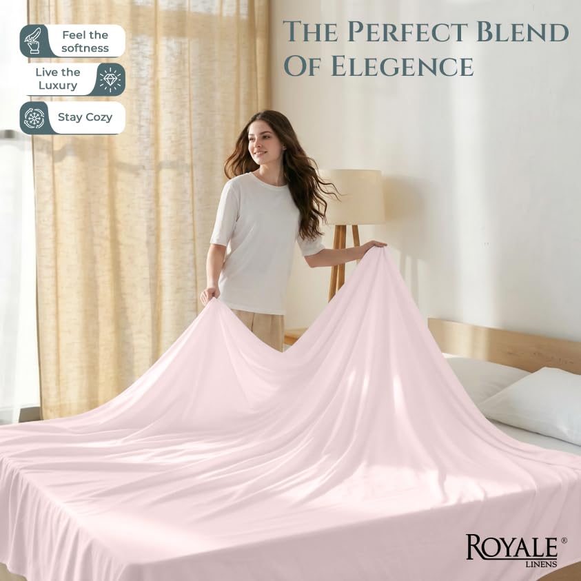 Image of Royale Linen 400 Thread Count 100% Cotton Flat Sheets Only - Cooling Sheets - King Flat Sheets Only Sold Separately - Luxury Sateen Weave - Breathable & Super Soft Top Sheet Only (King, Kyoto Blush)