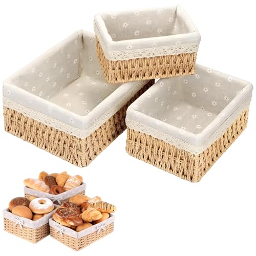 Persiiious Lot de 3 Corbeille à Pain Carrée en Jonc de Mer, 3 Tailles Corbeilles à Pain Décoratives, Panier Tressé avec Doublure en Lin, pour Pain, Pâtisseries et Articles Ménagers