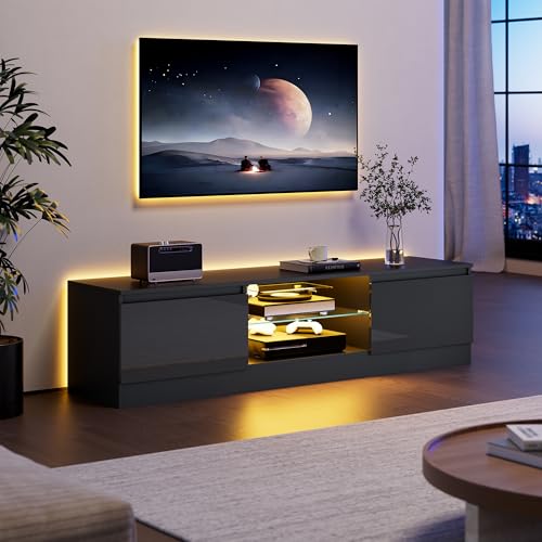 TV Schrank mit 16 Farben LED Beleuchtung und 2 Türen, 160 cm Lang, TV Board, Lowboard Stehend für Fernseher bis zu 70 Zoll, Fernsehtisch für Schlafzimmer, Wohnzimmer, Esszimmer, Schwarz (Schwarz)