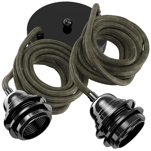 Hoopzi - Suspension Luminaire 2 Ampoules - 2,5m - Câble en Lin - Lustre pour Salon, Cuisine, Chambre - Modèle Hang 2 Lin Kaki