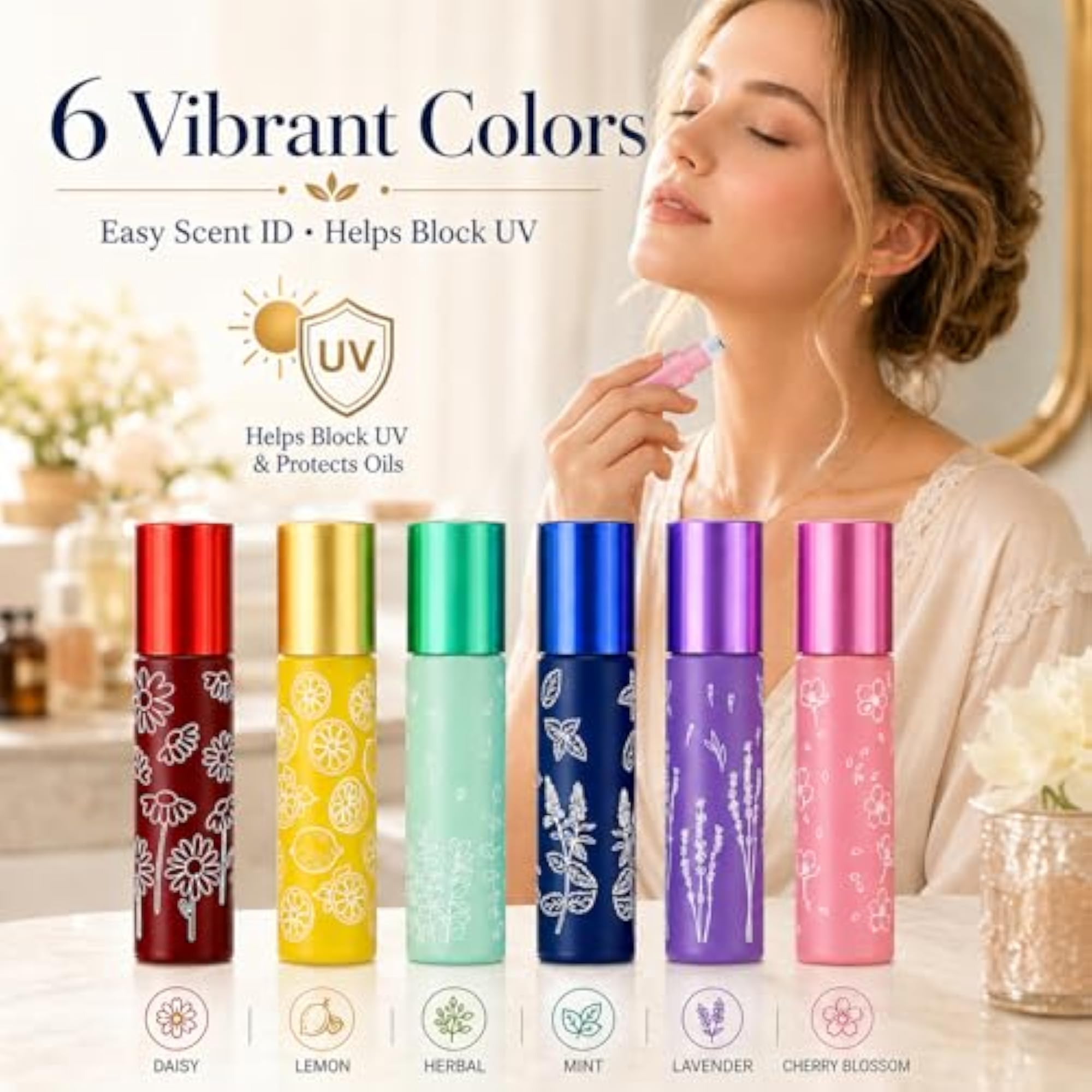 6 Coloured Glass Roller Bottles for Essential Oils, 10ml Set