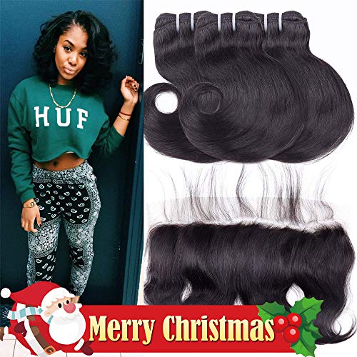 Resaca Lace Frontal with Bundles Brazilian Body Wave Human Hair with Frontal Virgin Hair Body Wave 3 Bundles with Lace Frontal Closure (50g/pc 8" 8" 8"+8" Frontal, Natural Color)
