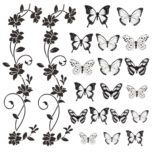 2 Ensembles D'Autocollants Muraux Avec Branches De Vigne Fleuries Et 18 Autocollants Muraux Avec Papillons, Décoration Murale De Maison, Décoration Murale...