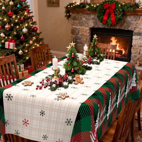 Image of Christmas Tablecloth, 6 PCS Christmas Tablecloth Disposable for Rectangle Table, 54 inch x 108 inch Plastic Snowflake Xmas Tree Decorative Table Cloth Tables Cover for Xmas Holiday Party Decorations Supplies